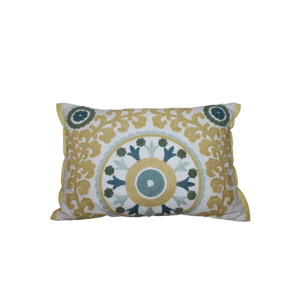 Embroidered‎ Lumbar Pillow Home 20x13 White Green Yellow Medallion Boho